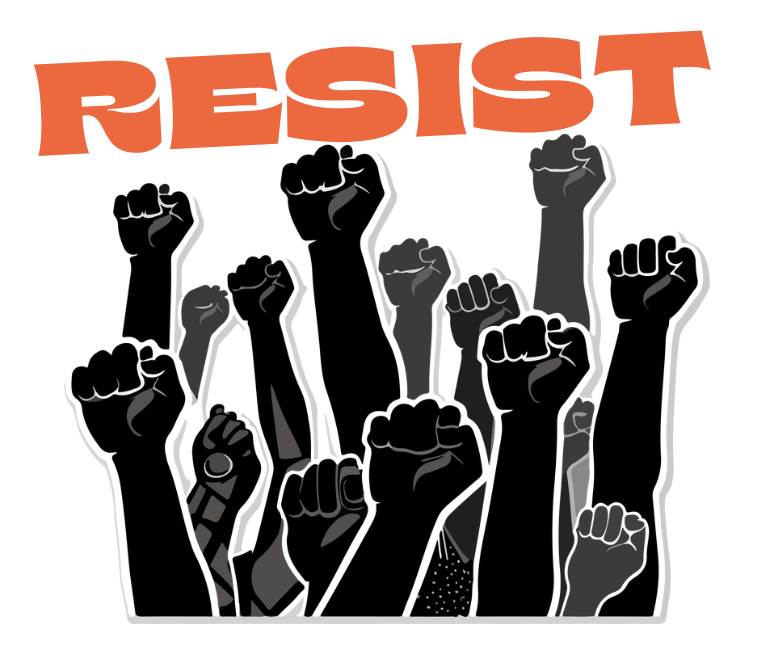 Photo shows raised fists beneath the word resist in orange block letters.