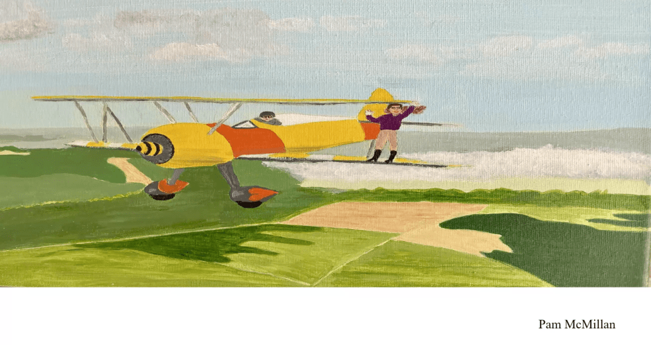 painting of a woman riding on the wing of a plane by Pam McMillan