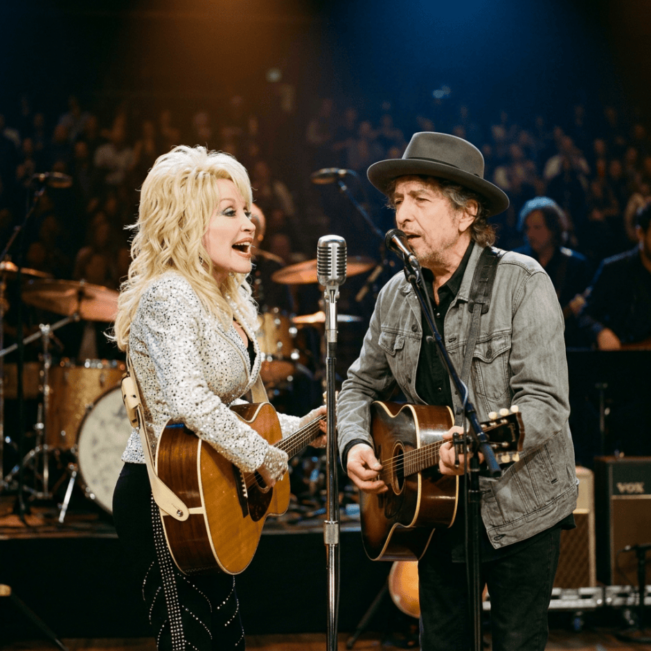 Dolly Parton and Bob Dylan singing with guitars onstage