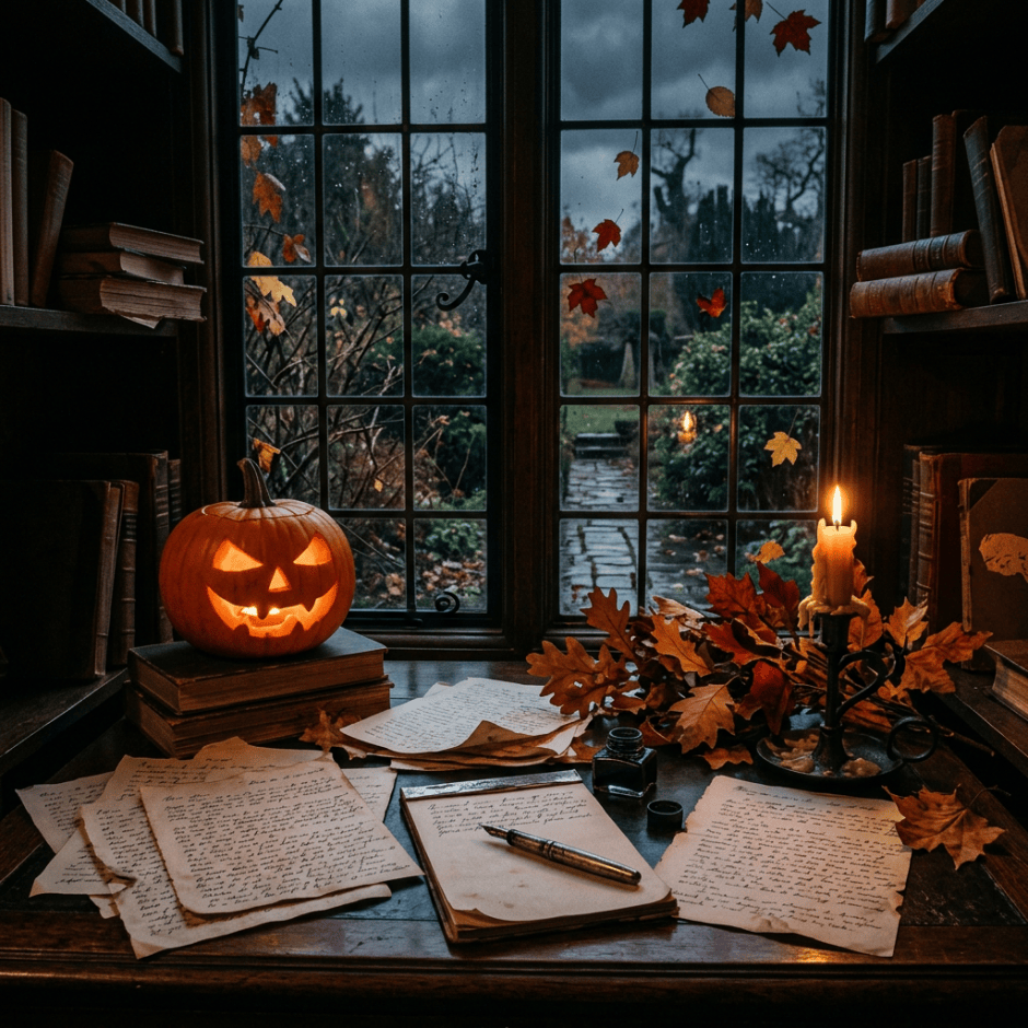 Candlelit writing desk with handwritten pages, autumn leaves, books, and jack-o'-lantern